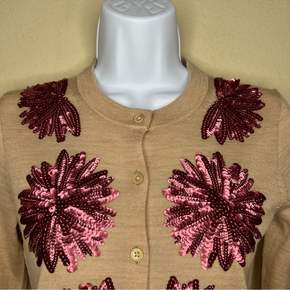 J CREW Camel & Pink Sequin Flower Jackie Cardigan Sweater - AE171 - Sz XS - Picture 3 of 10
